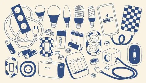 Blue hand drawn vector set of electricity equipment including light bulbs Stock Illustration