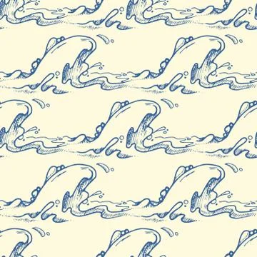 Blue hand drawn waves vector seamless pattern Illustrazione stock