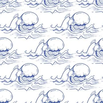 Blue hand drawn waves vector seamless pattern Illustrazione stock