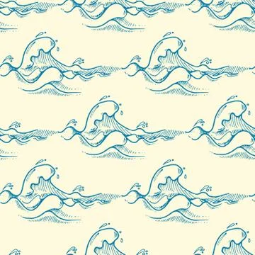 Blue hand drawn waves vector seamless pattern Illustrazione stock