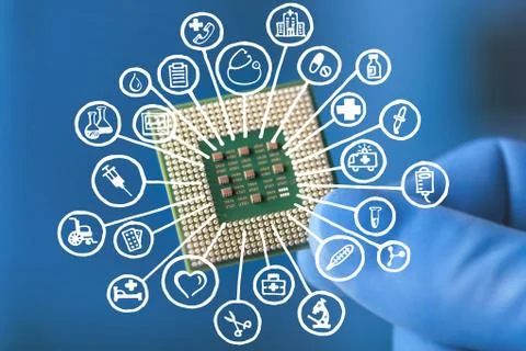 Blue hand hold processor on blurred background and illustration Stock Photos