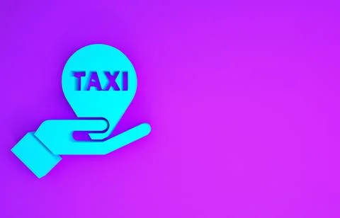 Blue Hand on map pointer with taxi icon isolated on purple background. Locati Stock Illustration