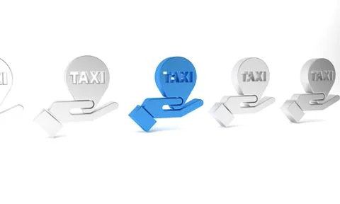 Blue Hand on map pointer with taxi icon isolated on white background. Locat.. Stockillustratie