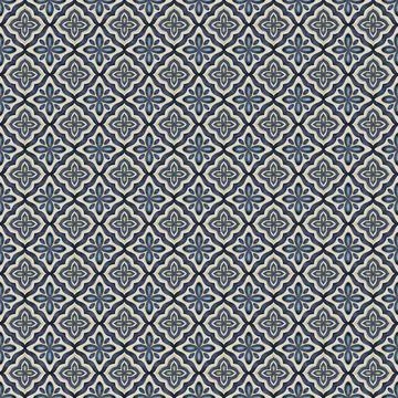 Blue Hand-Painted Seamless Pattern with Ornamental Tile Design Stock Illustration