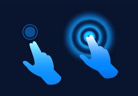 Blue hand pointing gesture on digital circle vector icons set, touch effect or Stock Illustration