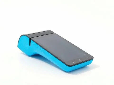 Blue handheld barcode scanner with touchscreen interface Stock Photos