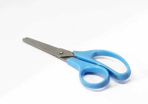 Blue Handle Scissors Angled on White, Metal Blades, Tool Isolated Background Photos