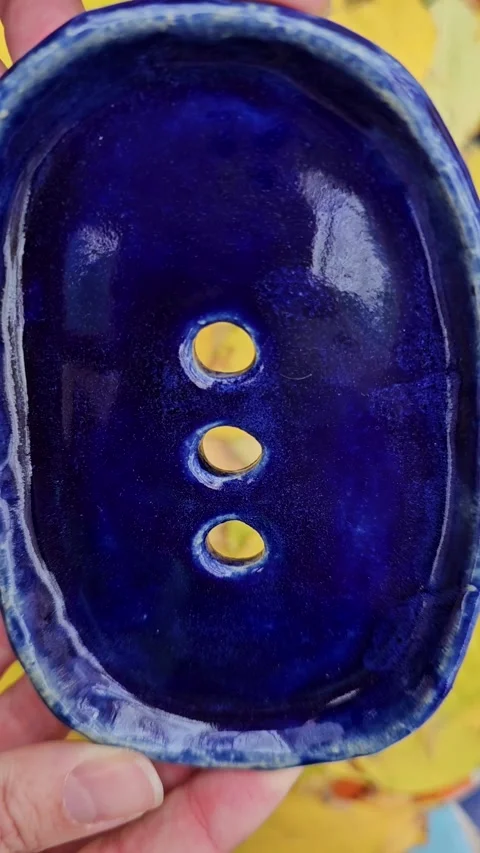Blue Handmade Ceramic Soap Dish With Drainage Holes Video stock 324595104