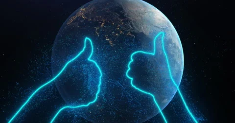 Blue hands showing like, thumbs up in space among zoom in planet earth rotating Vídeo Stock 221347423