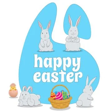 Blue Happy Easter Background with 4 Bunnies a Chick and Eggs Basket Vector Il Stock Illustration