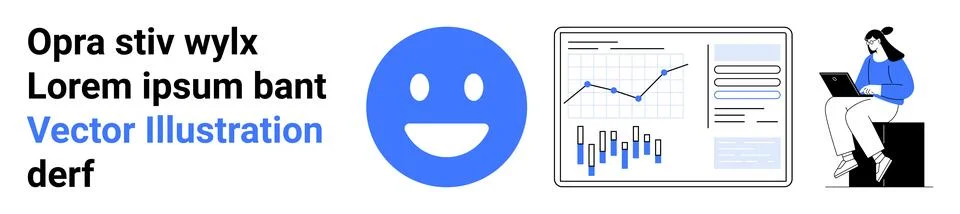 Blue happy face, data chart with graphs, person in blue outfit using laptop.  Stock Illustration