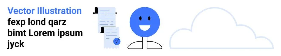 Blue happy face, document stack with a sealed envelope, and outlined cloud. I Stock Illustration