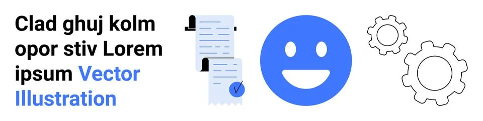 Blue happy face, documents with checkmark, two gears, black and blue text. Id Stockillustratie