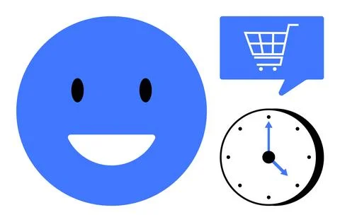 Blue happy Face with Speech Bubble Shopping Cart and Clock Icons for E-comm.. Illustrazione stock