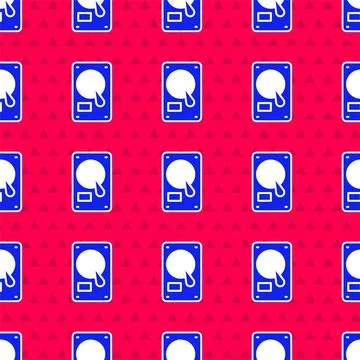 Blue Hard disk drive HDD icon isolated seamless pattern on red background 스톡 일러스트