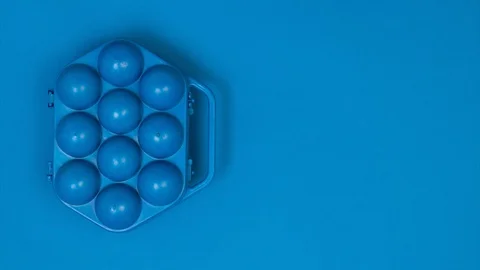 Blue hard plastic tray for eggs, stop motion on blue background Stock Footage 128926429