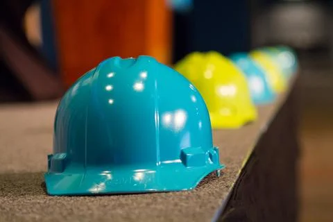 Blue Hardhat on Lined Background Foto stock