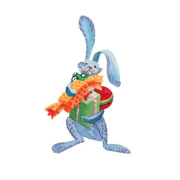 Blue hare rabbit holds presents for Christmas Stock Illustration