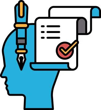 A blue head with a pen on it and a piece of paper with a check mark on it Stock Illustration