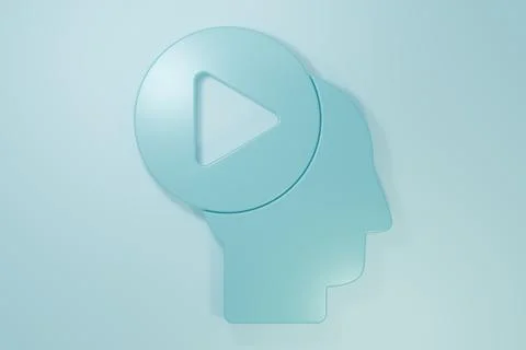 Blue Head people with play button icon isolated on blue background. Minimal.. Stock Illustration