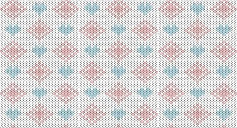 Blue heart and pink square knitted pattern, Festive Sweater Design. Seamles.. Stock Illustration
