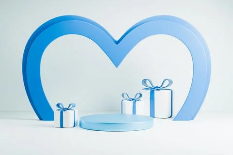 Blue heart frame with gift boxes and blue stage. Stock Illustration
