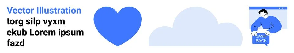 Blue Heart Icon, Cloud Shape, and Person Offering Feedback at Computer Screen Illustrazione stock