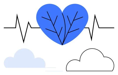 Blue heart with leaf vein pattern intersected by ECG line, placed above minim Ilustración de archivo