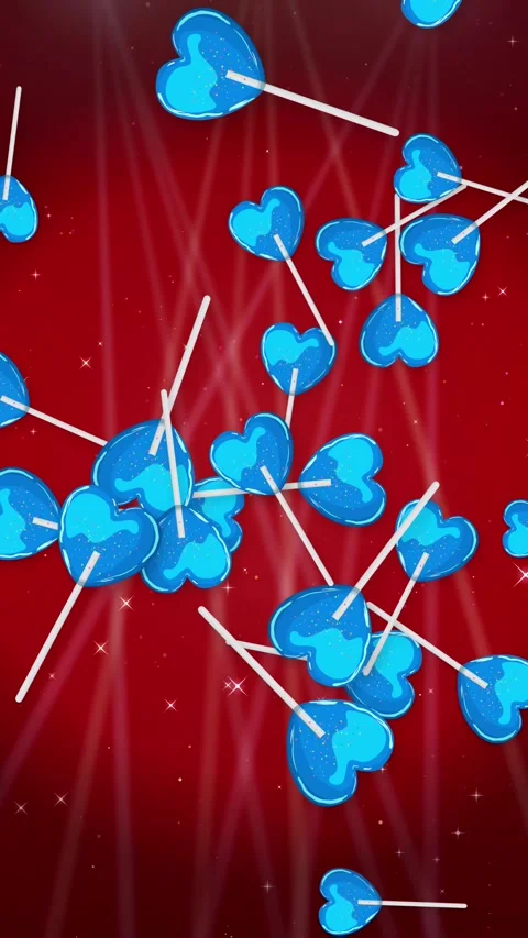 Blue Heart Lollipops Falling Over Red Glitter Background Animation Stock Footage 344848490