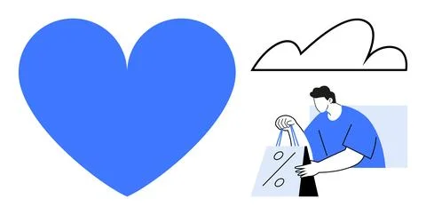 Blue heart, outlined cloud, and person in blue shirt holding a shopping bag w Stock Illustration