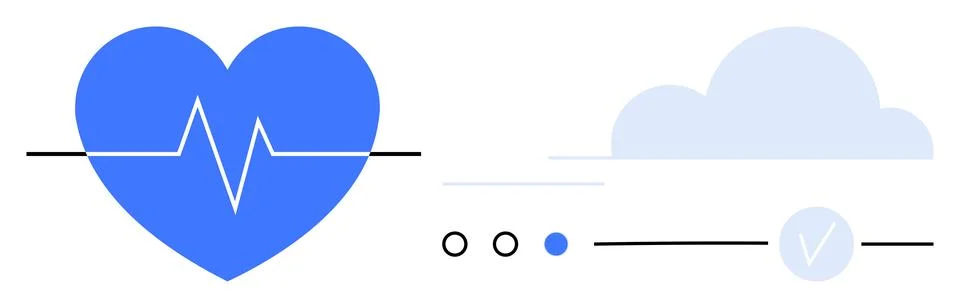 Blue heart with pulse line, cloud icon, and progress bar with nodes and check 스톡 일러스트