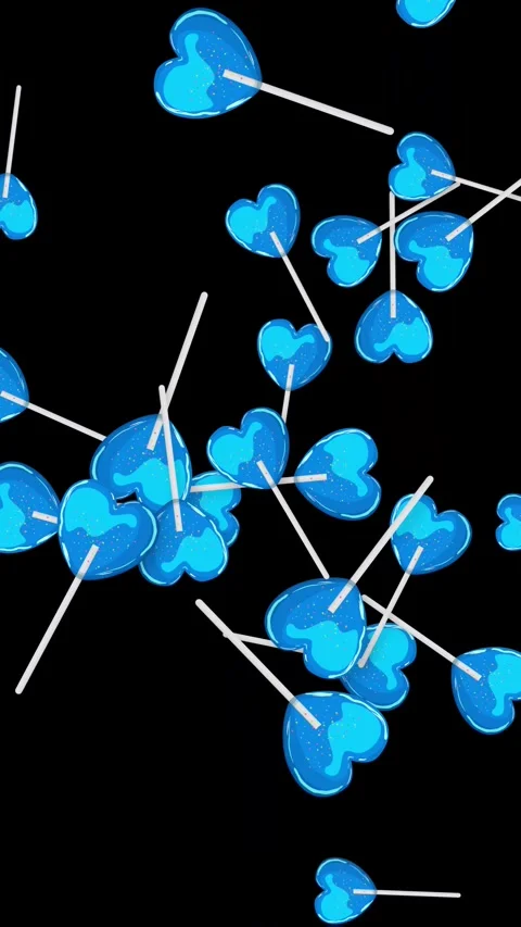 Blue Heart Shaped Lollipops Falling Against a Black Background Stock Footage 346116708