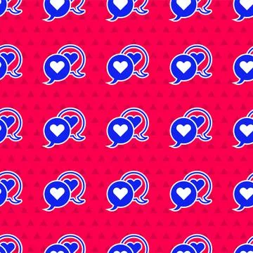 Blue Heart in speech bubble icon isolated seamless pattern on red background 库存插图