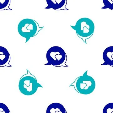 Blue Heart in speech bubble icon isolated seamless pattern on white background Stock Illustration