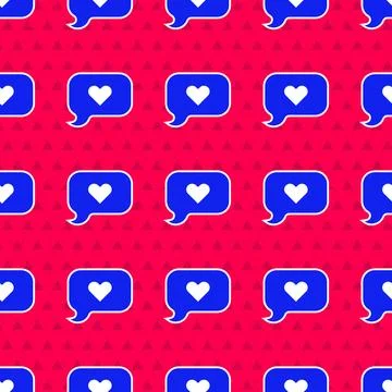 Blue Heart in speech bubble icon isolated seamless pattern on red backgroun.. 스톡 일러스트