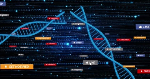 Blue helices drifting across data field, cursor hovering and activating badges Видео 330602904