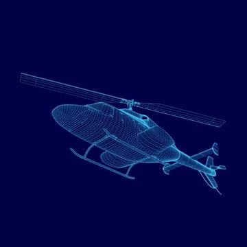 Blue helicopter is flying in the sky. The image is a stylized drawing of a Illustration