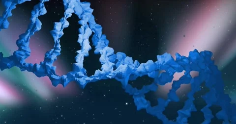 Blue helix entering left, rotating, nearing, revealing loops, rocky face, aurora Stock Footage 334311698