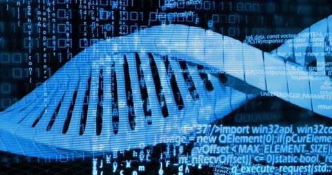 Blue helix entering left starting rotation, shifting and revealing code, Stock Footage 329472537