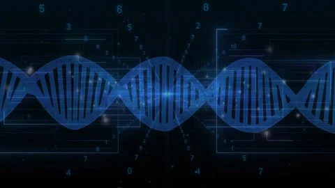 Blue helix glowing core node, pulsing and sending digits while lighting Video stock 330980369