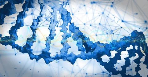 Blue helix shifting and rotating over biotech mesh, camera panning revealing Ilustración de archivo