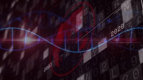 Blue helix sweeping from left, waving over tiled grid and red ribbon, marking Stock Footage 329702097