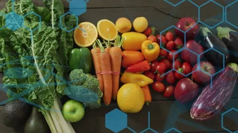 Blue hex overlay appearing left, drifting right and down over dark wood table, Stock Footage 335465381