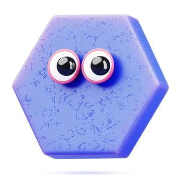 Blue hexagon 3d character - comic geometric shape with pink eyes and surprised Stock Illustration