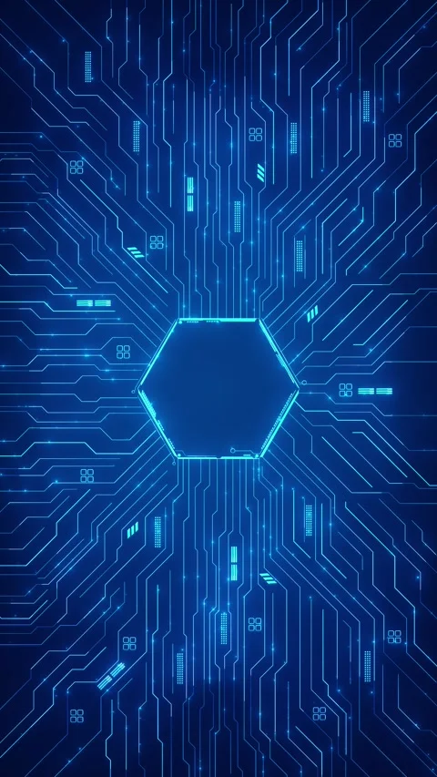 Blue hexagon circuit board glowing center chip, cyan traces, electronic pattern, Stock Footage 340528290