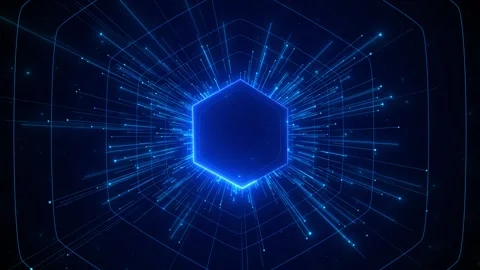 Blue hexagon HUD background glowing polygon frame, radiating digital lines, star Stock Footage 334106136