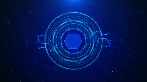 Blue hexagon HUD interface background with glowing circular rings, circuit nodes Stock Footage 334125463