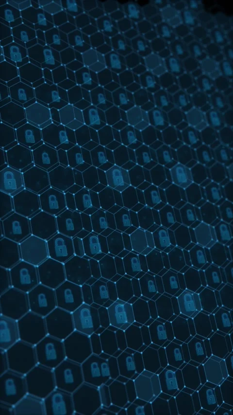 Blue hexagon lock security background repeating padlock icons, connected grid ce Stock Footage 340553059