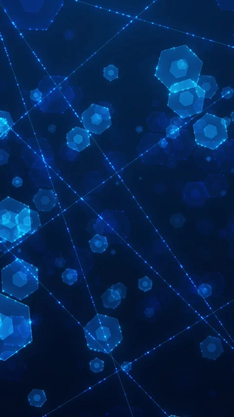 Blue hexagon network glowing polygon cells, curved dotted connection lines, Stock Footage 340479731