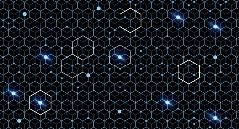 Blue hexagon, pattern and light on black background with dots, texture and 写真素材
